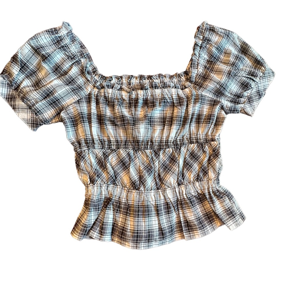 Sim & Sam Black and White Plaid Puff Sleeve Ruffled Top